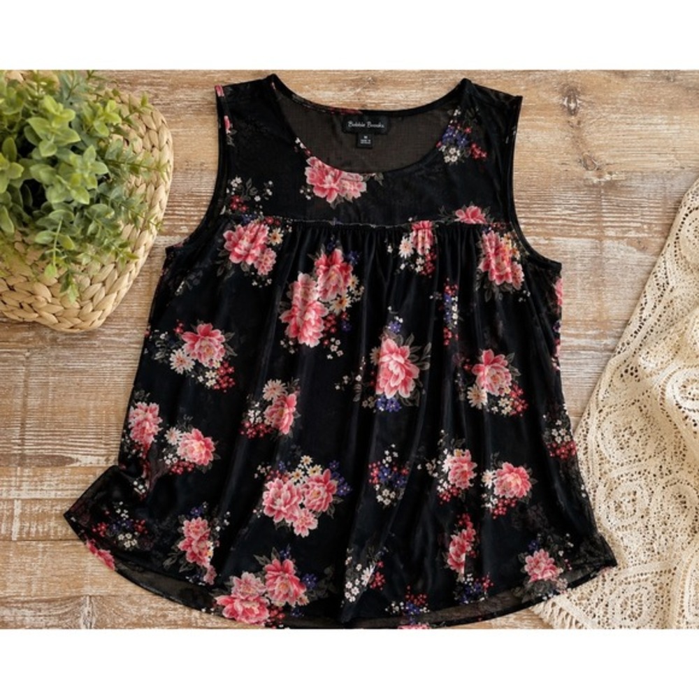 Bobbie‎ Brooks Floral Mesh fairy grunge  Tank Top Women's Medium Sheer Black